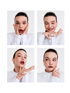 Four-panel portrait of a woman in a white buttoned shirt with varied expressive poses and gold rings against a white background.
