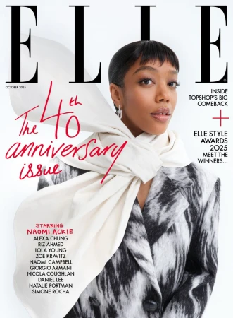 Elle Magazine cover featuring Naomi Ackie in a patterned jacket and white scarf, with magazine text and coverlines.