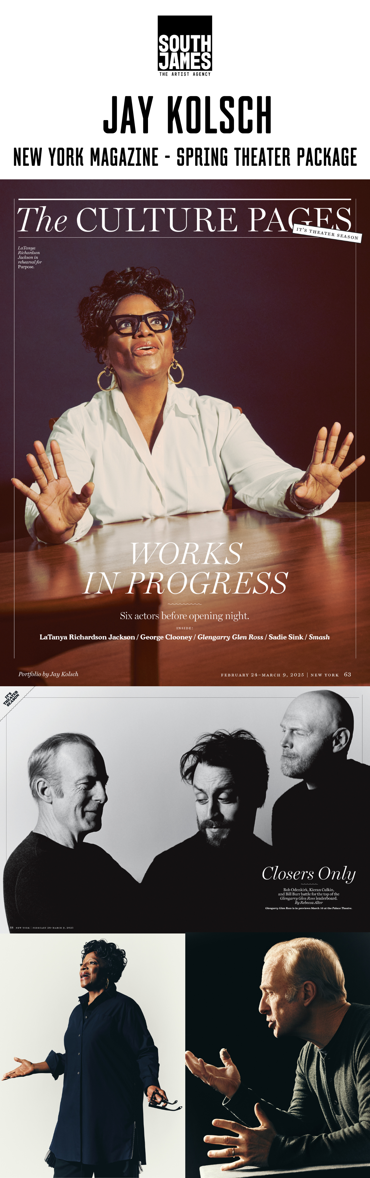Magazine cover featuring Jay Kolsh and others in theatrical poses, promoting the New York Magazine Spring Theater Package.