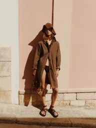 Model Lea Seelenmeyer wearing a brown coat, sun hat, and strappy sandals standing outdoors against a pink stucco wall.