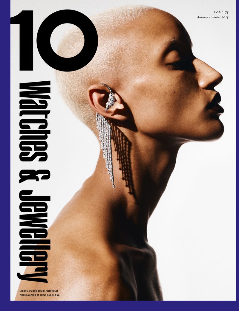 Magazine cover featuring a bald, tan-skinned woman with long, dangling earrings. Text reads: 10 Watches & Jewellery.