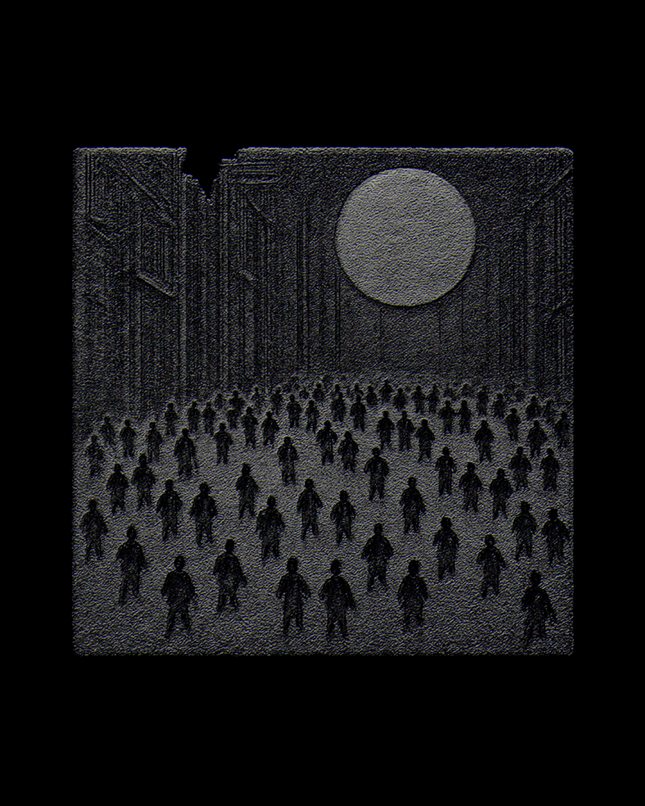 Monochromatic artwork depicts a crowd of silhouettes in front of structures and a large circle against a solid black background.