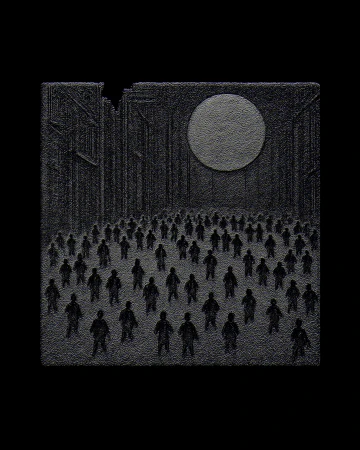 Monochromatic artwork depicts a crowd of silhouettes in front of structures and a large circle against a solid black background.