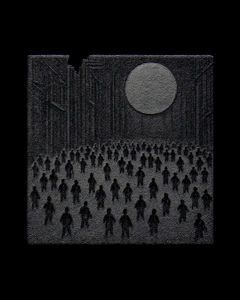 Textured dark grey square plaque featuring a large crowd of silhouetted figures beneath a glowing circular moon and architectural walls.