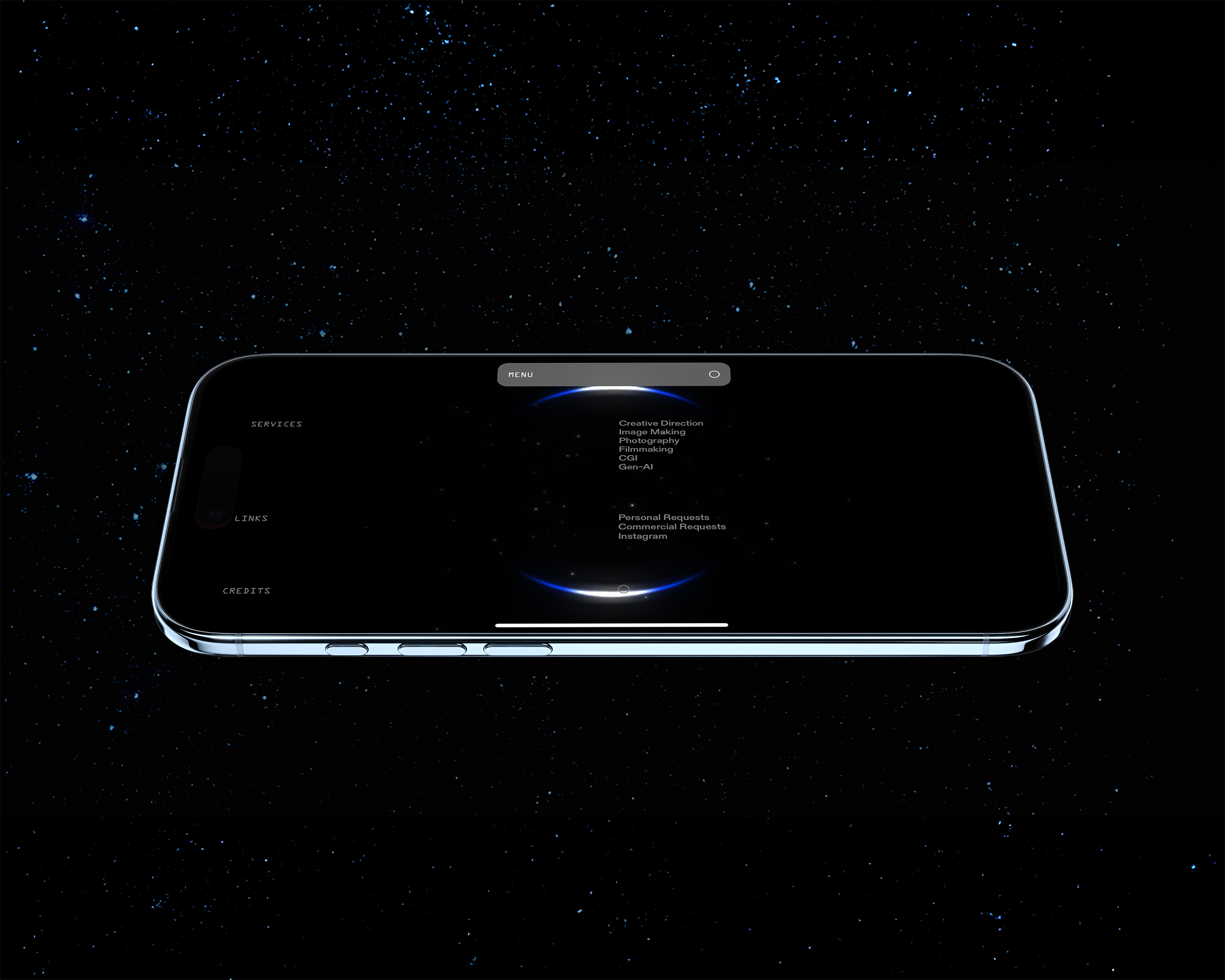 Digital illustration of a smartphone displaying a website design with text on a dark, star-filled background, suitable for technology or design.