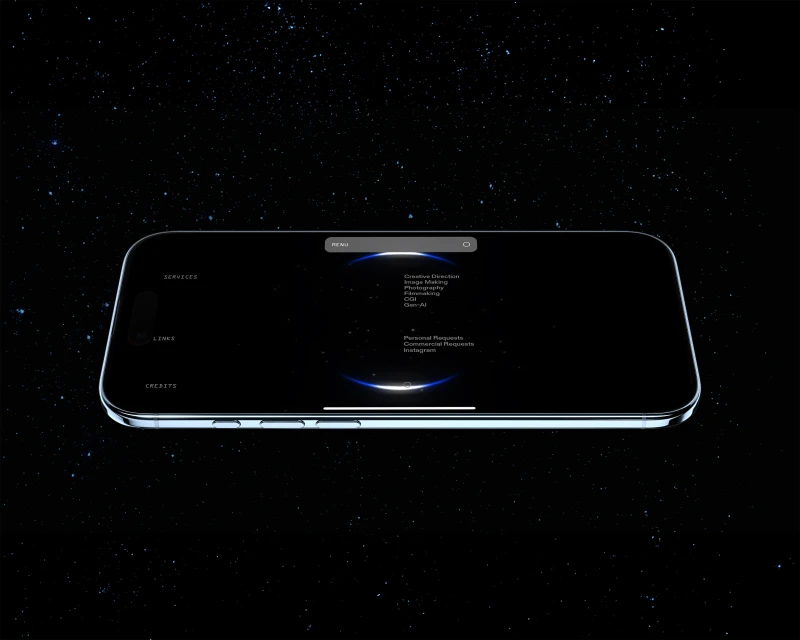 Digital illustration of a smartphone displaying a website design with text on a dark, star-filled background, suitable for technology or design.