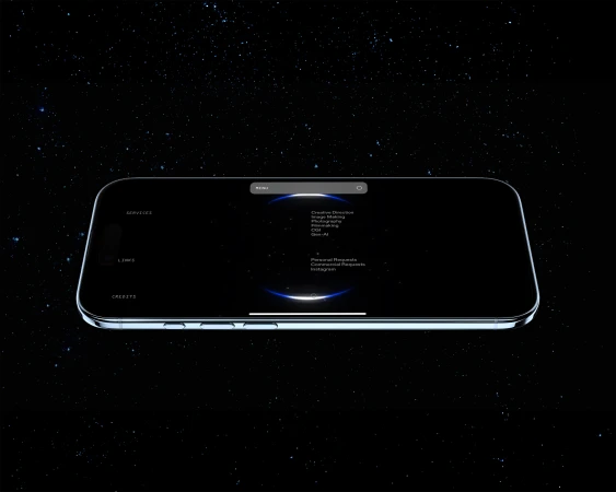 Digital illustration of a smartphone displaying a website design with text on a dark, star-filled background, suitable for technology or design.