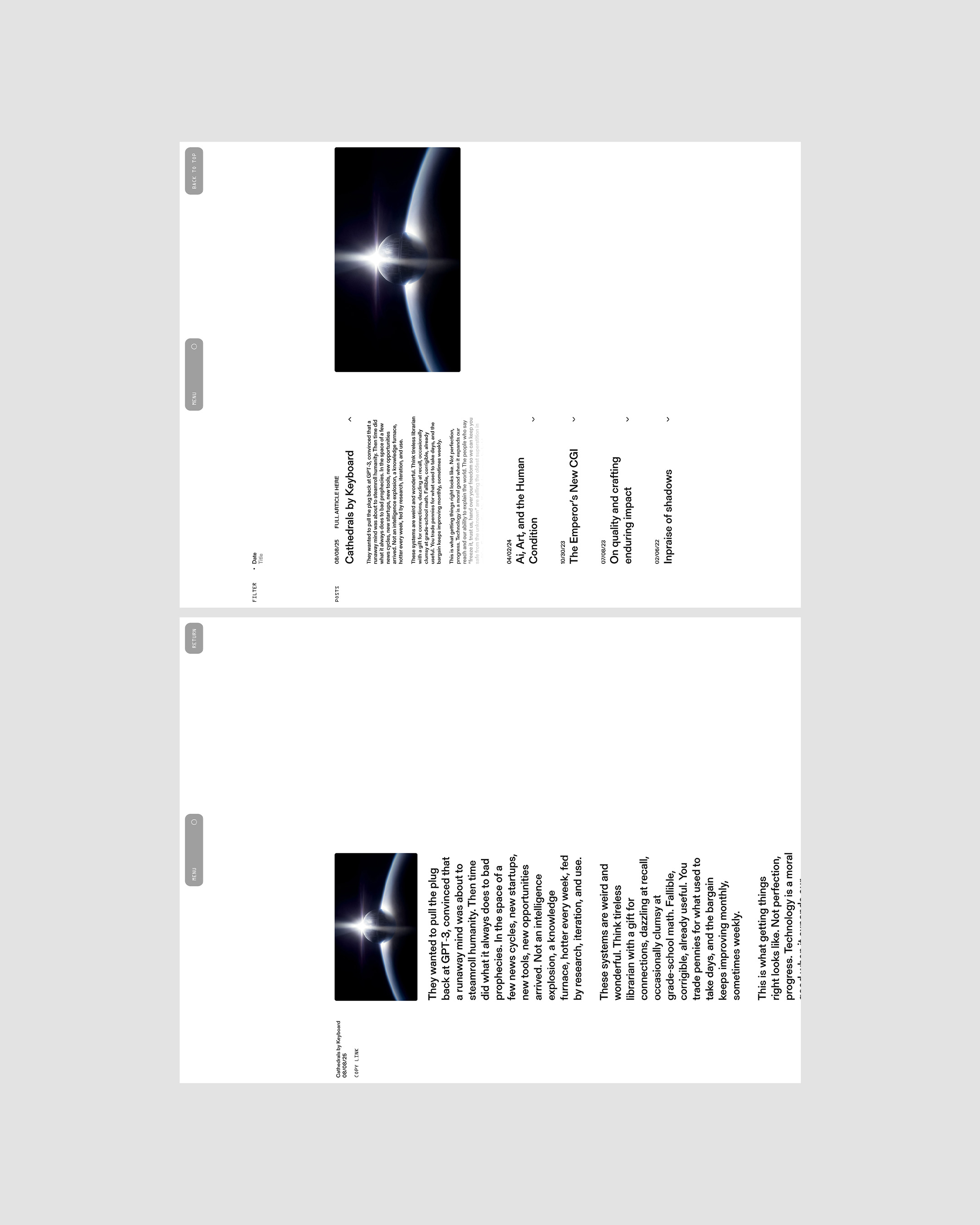 A split-screen view of a website page displaying an image of a planet with an AI-themed article on both sides of the screen.