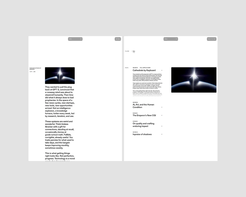 A split-screen view of a website page displaying an image of a planet with an AI-themed article on both sides of the screen.