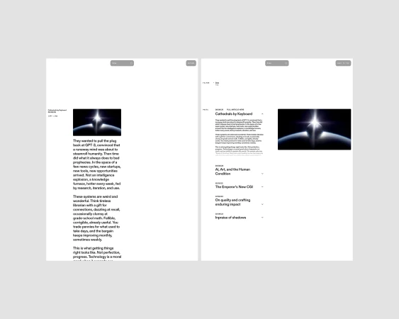 A split-screen view of a website page displaying an image of a planet with an AI-themed article on both sides of the screen.