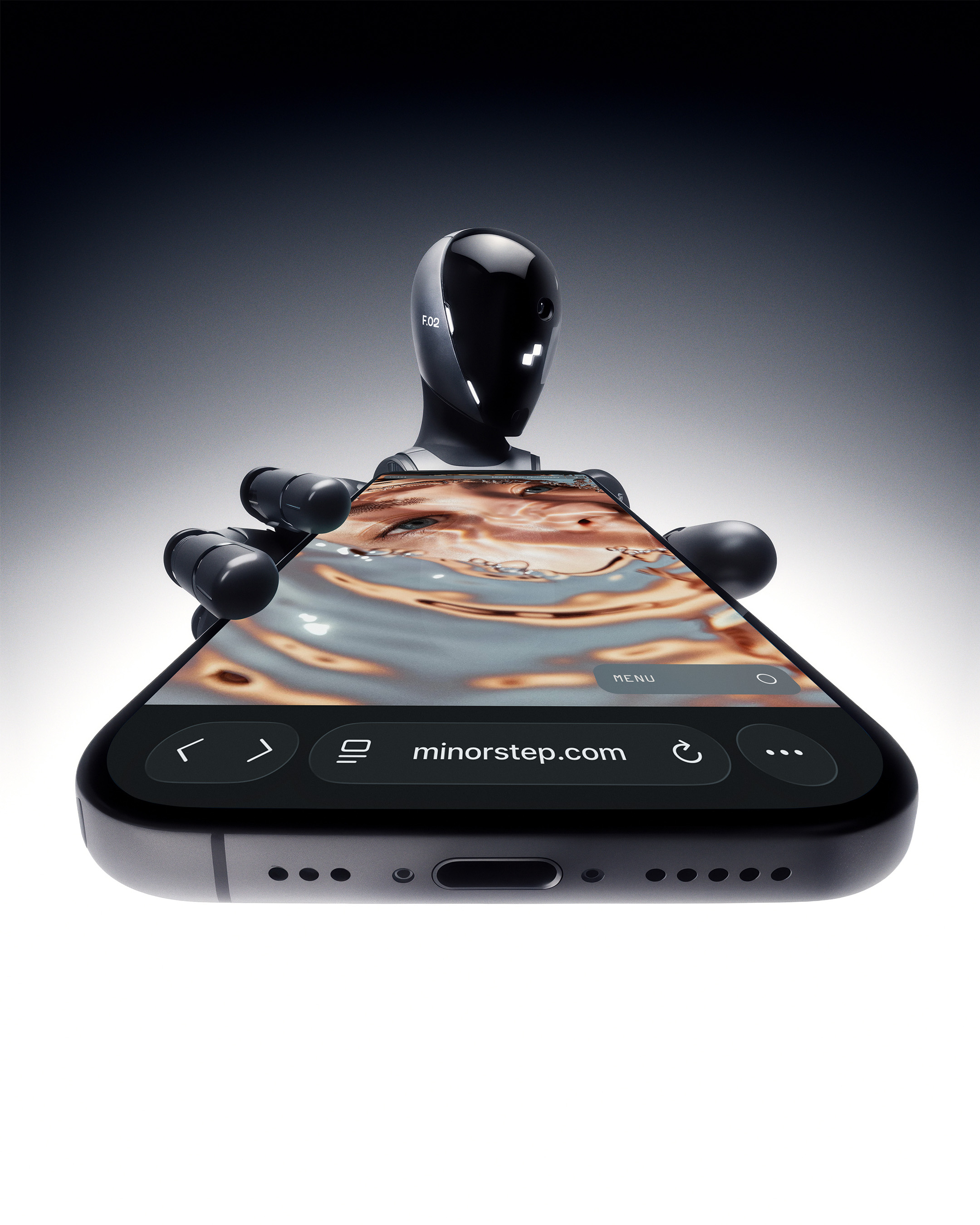 A robot holds a smartphone displaying a website with water-like graphics, against a dark gradient background in a studio shot.