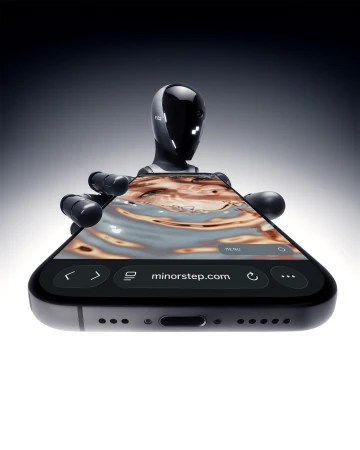 A robot holds a smartphone displaying a website with water-like graphics, against a dark gradient background in a studio shot.