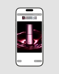 Mockup of a smartphone displaying a product showcase for Minorstep with a metallic pink cylinder bottle on a liquid surface.