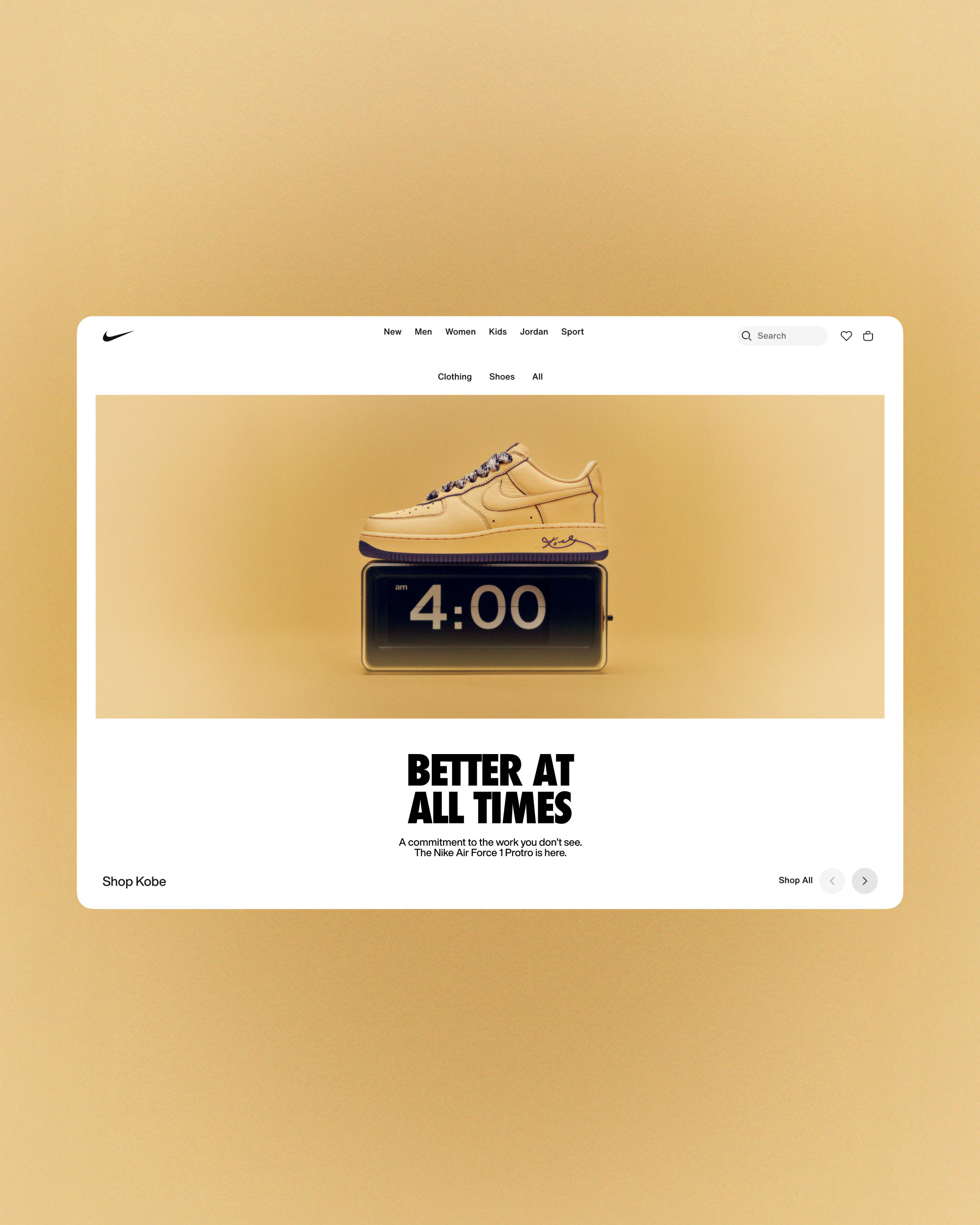 Nike Air Force 1 shoe displayed on a website, sitting on a black clock that reads 4:00, on a soft yellow background.