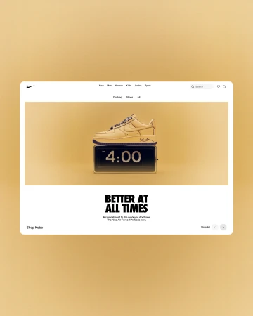 Nike Air Force 1 shoe displayed on a website, sitting on a black clock that reads 4:00, on a soft yellow background.