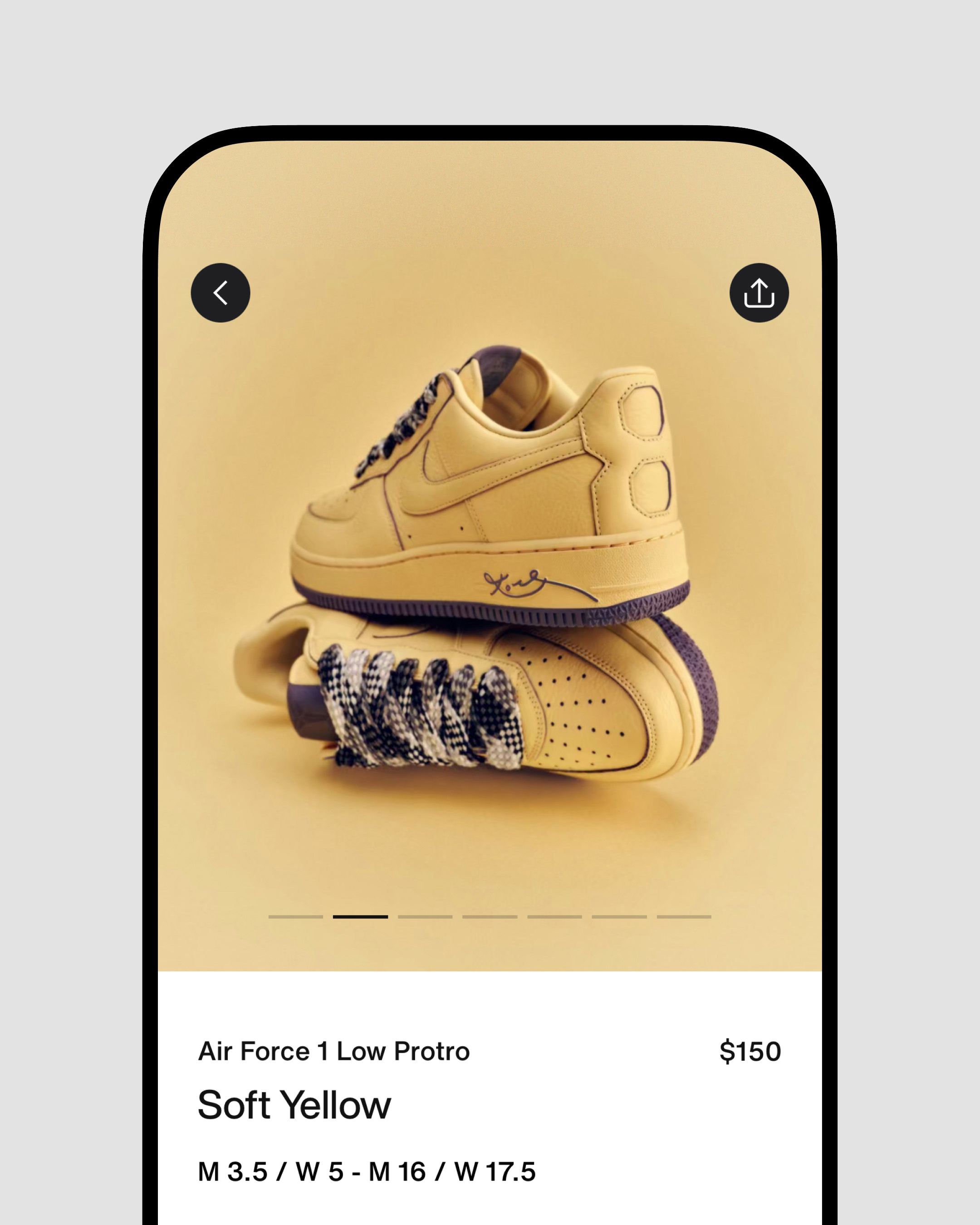 Two tan-colored Nike Air Force 1 Low Protro sneakers are stacked on top of each other, displayed on a phone screen with a beige background.