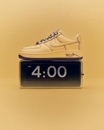 Nike Air Force 1 sneaker resting on top of a digital flip clock displaying 4:00 against a warm yellow background