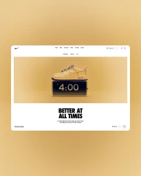 Nike Air Force 1 sneaker resting on a digital alarm clock showing 4:00 against a warm beige background.