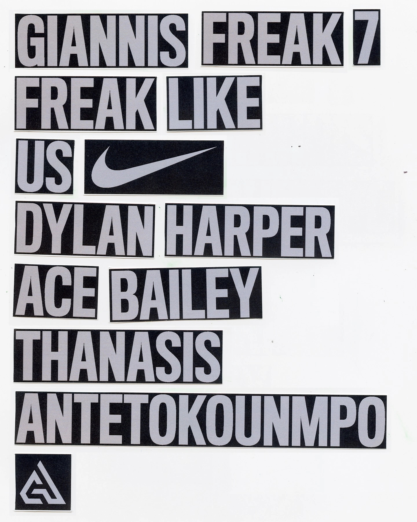 Text art on a white background featuring names, words, and logo including 'Giannis', 'Freak', 'Dylan Harper', 'Nike' and 'Antetokounmpo'.