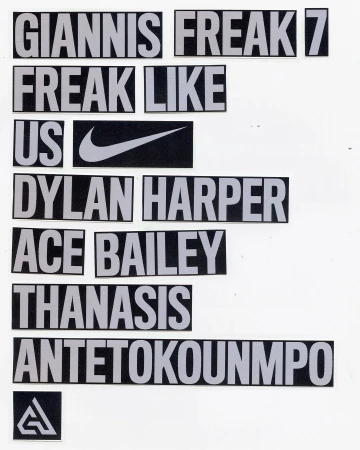 Text art on a white background featuring names, words, and logo including 'Giannis', 'Freak', 'Dylan Harper', 'Nike' and 'Antetokounmpo'.