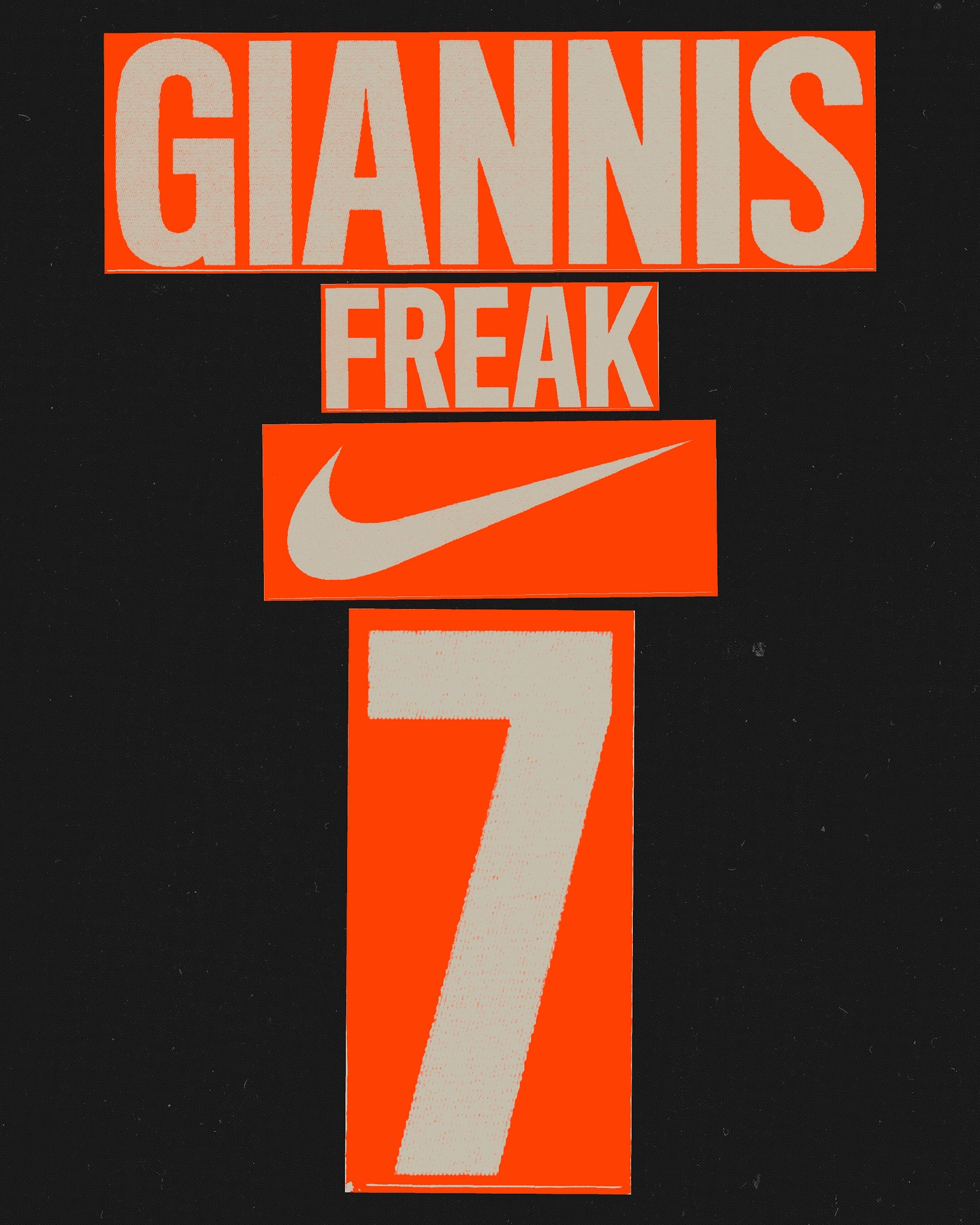 Graphic image featuring the name 'Giannis,' 'Freak,' the Nike swoosh logo, and the number '7' in orange and white against a black background.
