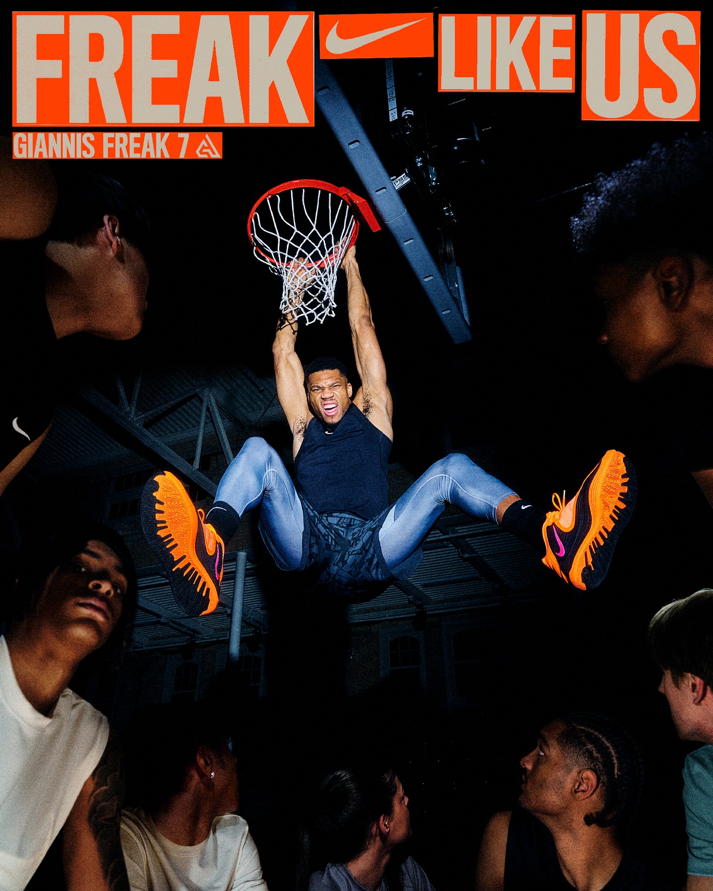 Basketball player mid-air dunking into a basketball hoop in a sports advertisement with an audience in the background.