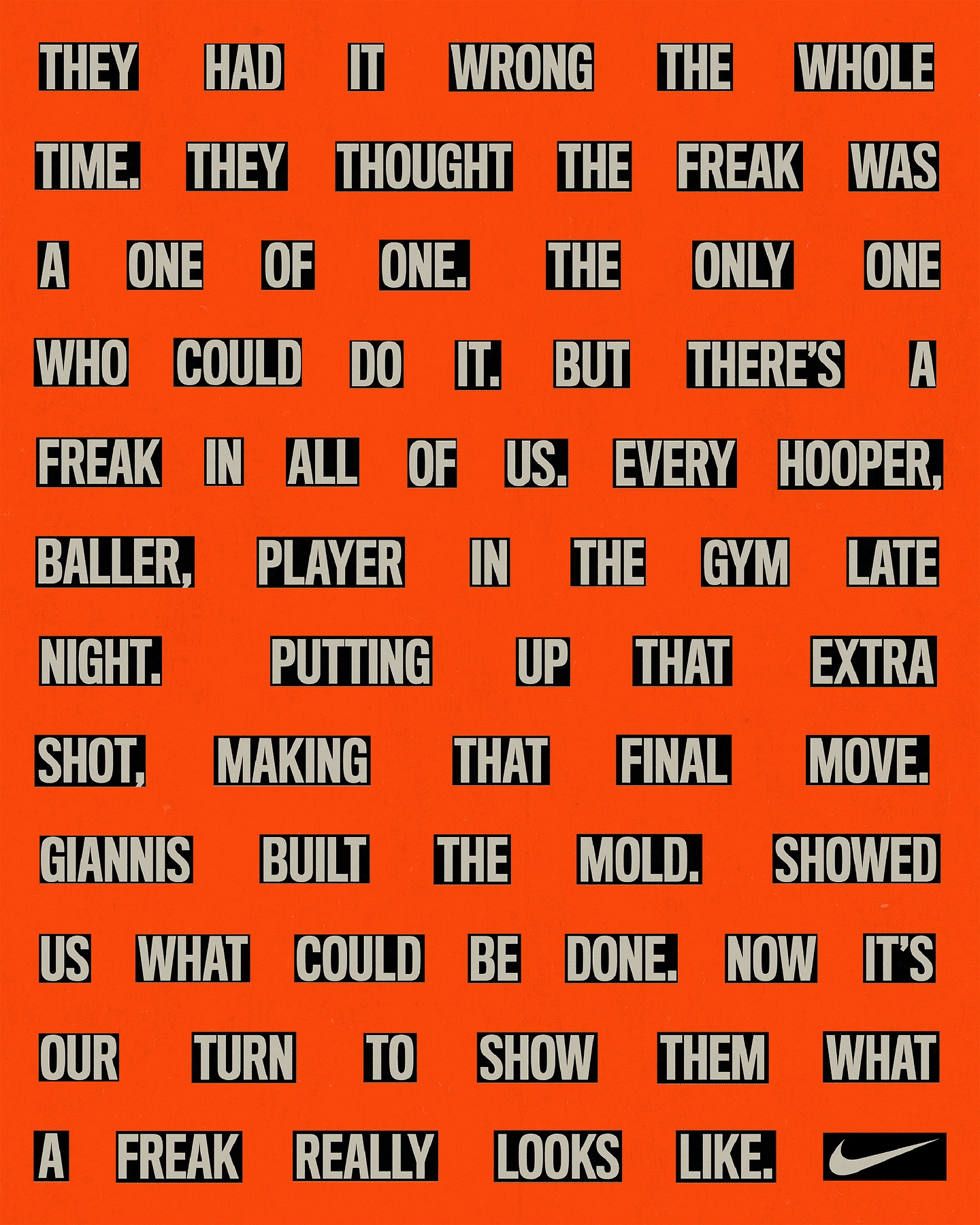 Motivational Nike ad featuring a repetitive pattern of text blocks in black and white on an orange background, promoting athletic achievement.