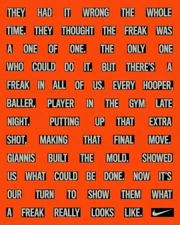 Motivational Nike ad featuring a repetitive pattern of text blocks in black and white on an orange background, promoting athletic achievement.