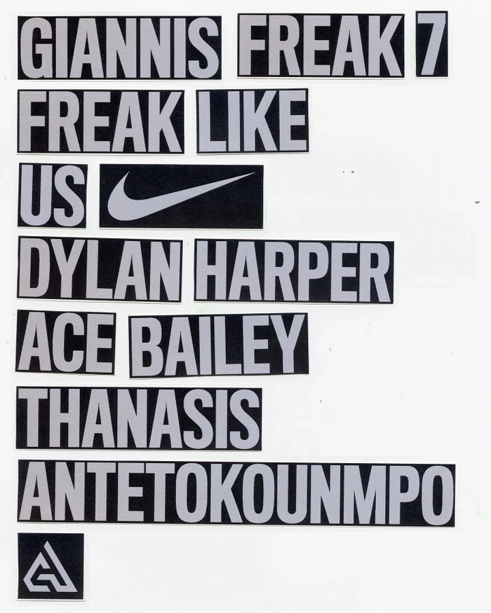 Black rectangular text cutouts reading Giannis Freak 7 Freak Like Us and Nike on a white background