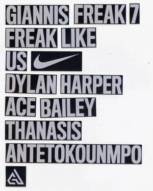 Black rectangular text cutouts reading Giannis Freak 7 Freak Like Us and Nike on a white background