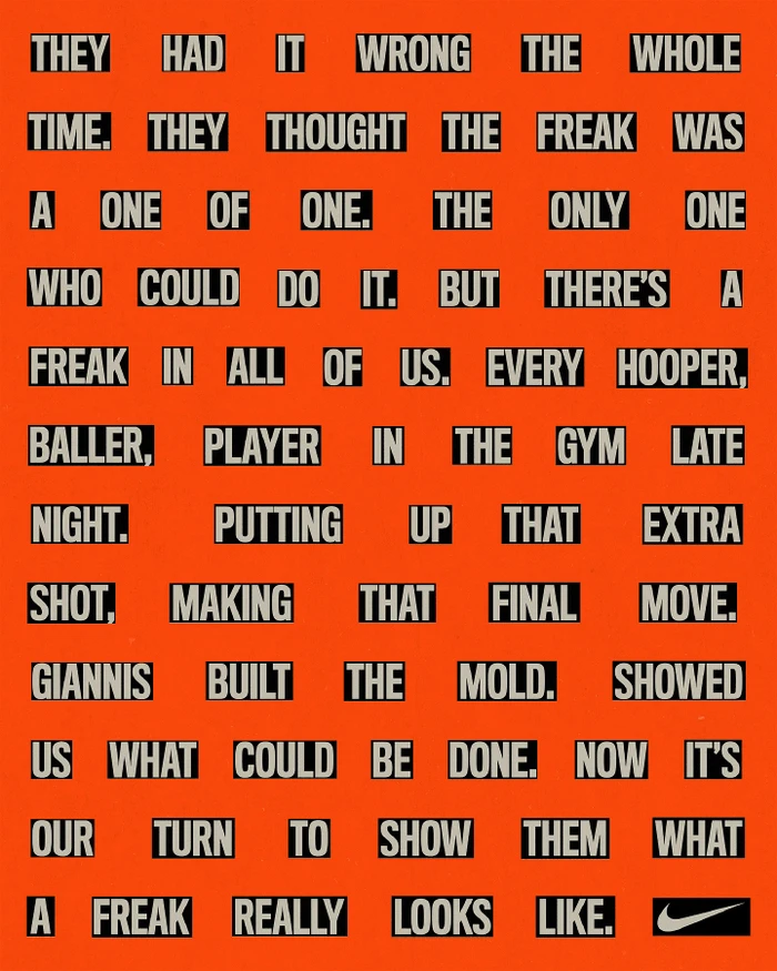 Bold typographic campaign poster with black text blocks on a vibrant orange background for Nike Basketball by Matija Gabrilo.