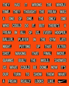 Bold typographic campaign poster with black text blocks on a vibrant orange background for Nike Basketball by Matija Gabrilo.