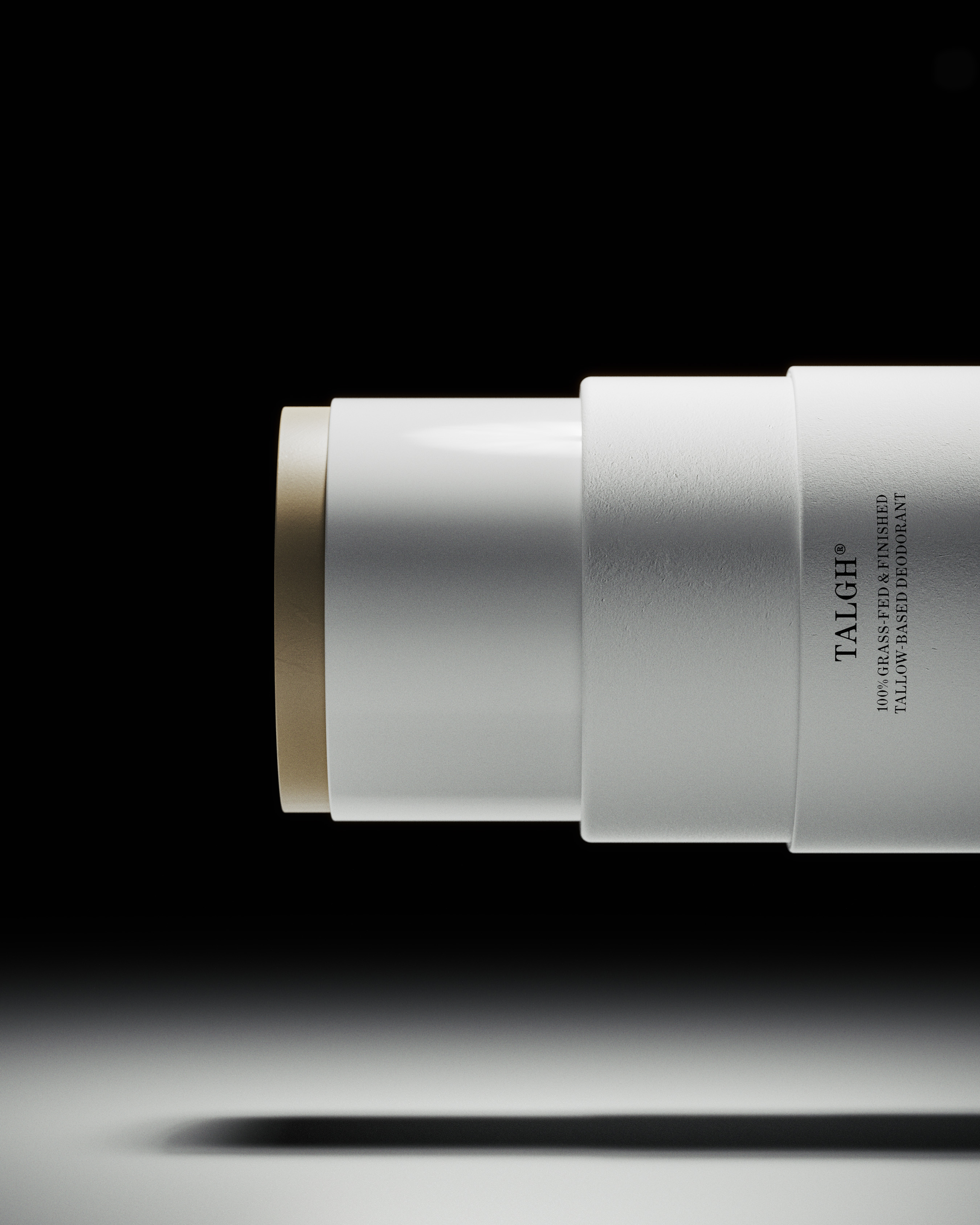 Tallow-based deodorant stick by TALGH in a white container on a gradient white to black background. Beauty and personal care product.