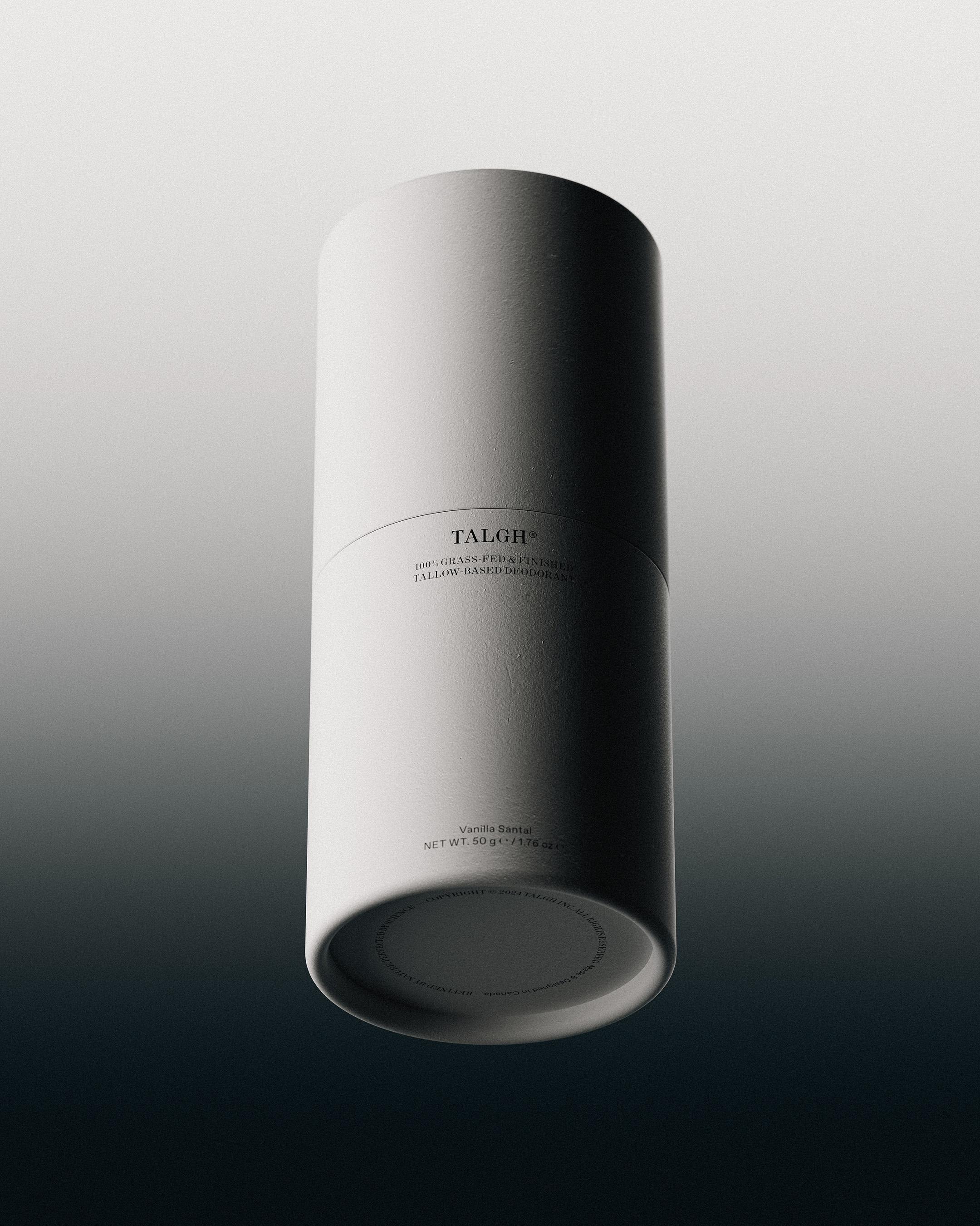 Minimalist studio shot of a white cylindrical container with subtle branding, showcasing clean lines and a gradient background.