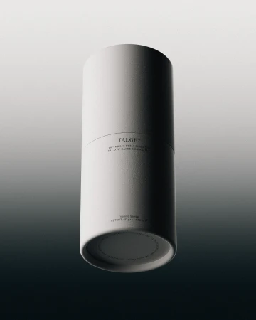 Minimalist studio shot of a white cylindrical container with subtle branding, showcasing clean lines and a gradient background.