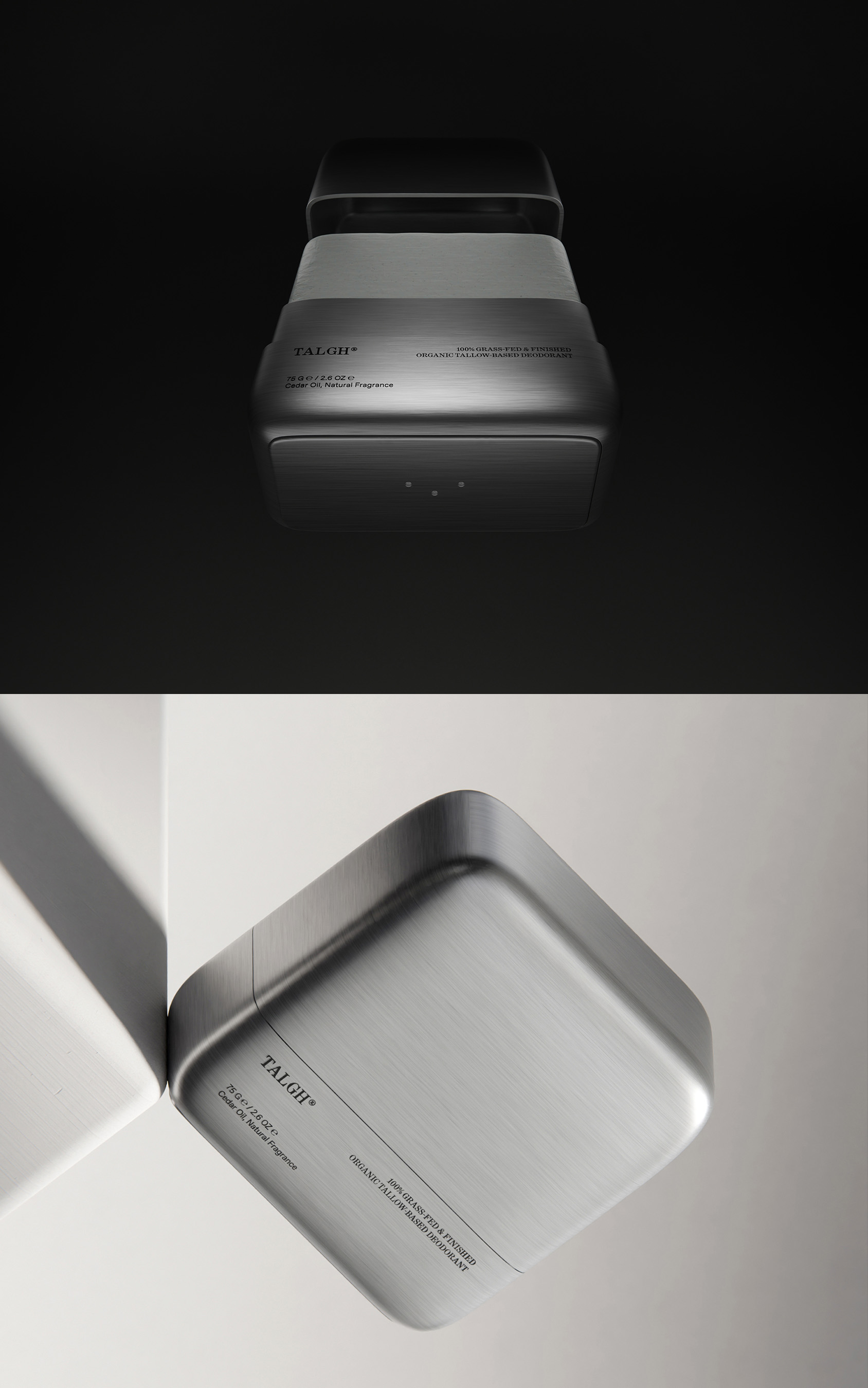 Two silver Talgh® product containers are displayed in a high-contrast studio setting, showcasing the sleek design and branding on a dark background.
