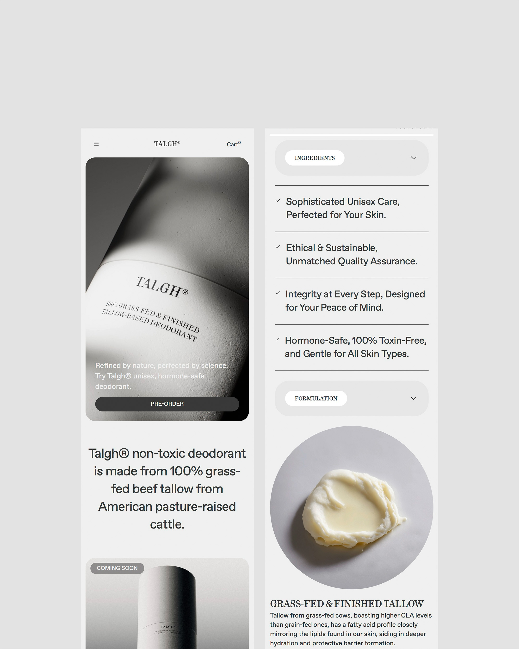 Talgh non-toxic grass-fed tallow deodorant product image with ingredient and formulation information, captured in a product showcase.