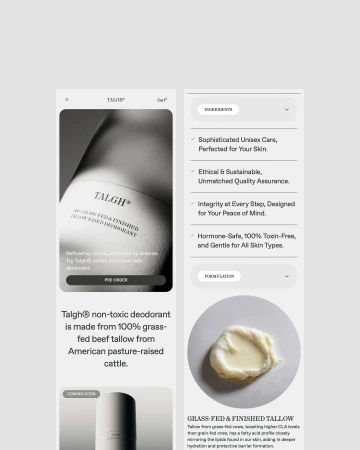 Talgh non-toxic grass-fed tallow deodorant product image with ingredient and formulation information, captured in a product showcase.