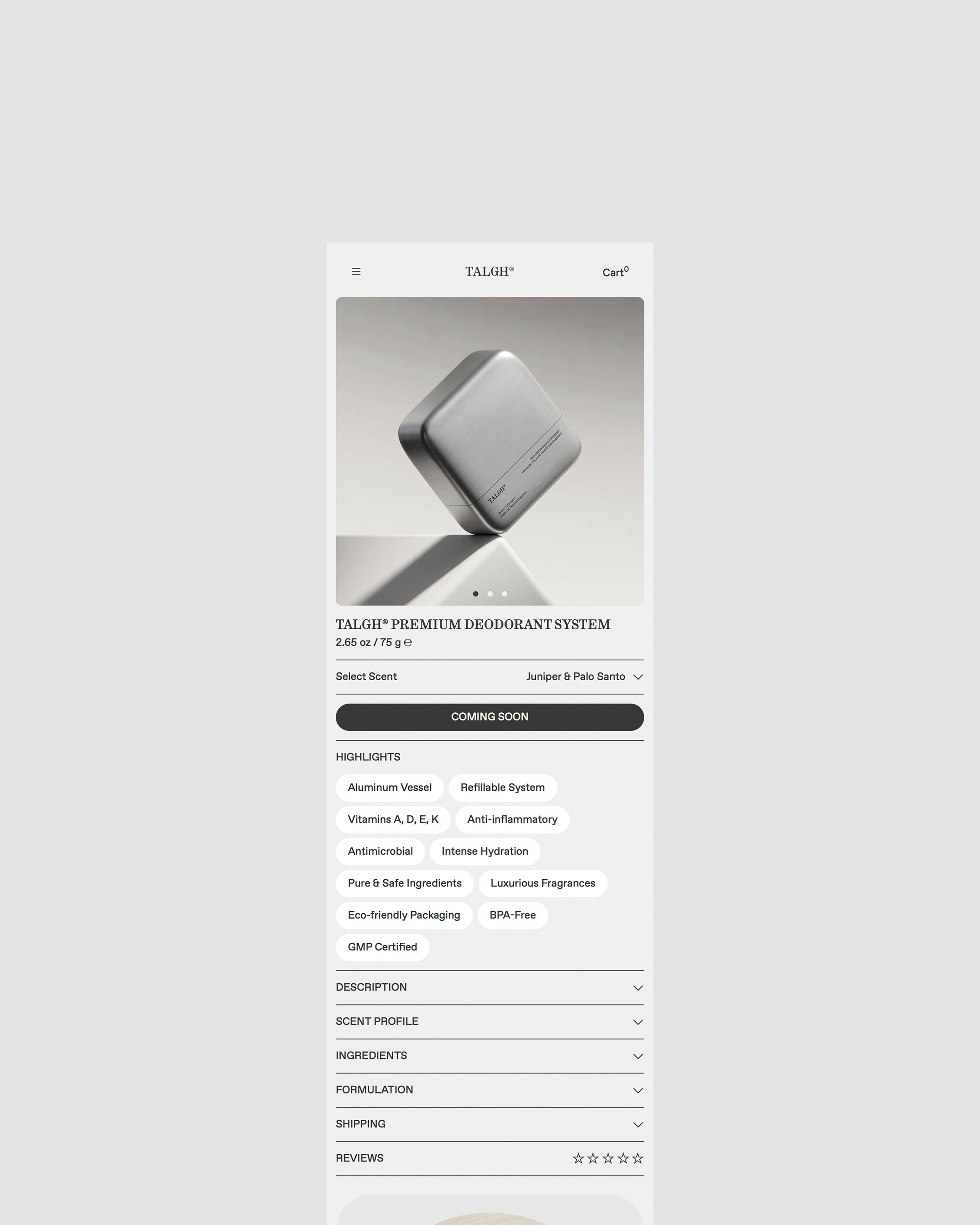 Cosmetic product display featuring Talgh Premium Deodorant System, showcasing its aluminum vessel and eco-friendly packaging on a webpage.