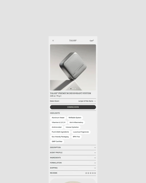 Cosmetic product display featuring Talgh Premium Deodorant System, showcasing its aluminum vessel and eco-friendly packaging on a webpage.
