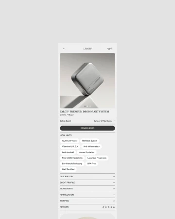 Cosmetic product display featuring Talgh Premium Deodorant System, showcasing its aluminum vessel and eco-friendly packaging on a webpage.
