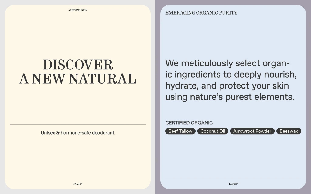 Promotional image with text on left, 'Discover a New Natural,' and on right, 'Embracing Organic Purity,' advertising natural deodorant.