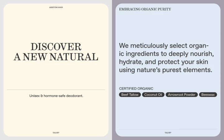 Promotional image with text on left, 'Discover a New Natural,' and on right, 'Embracing Organic Purity,' advertising natural deodorant.