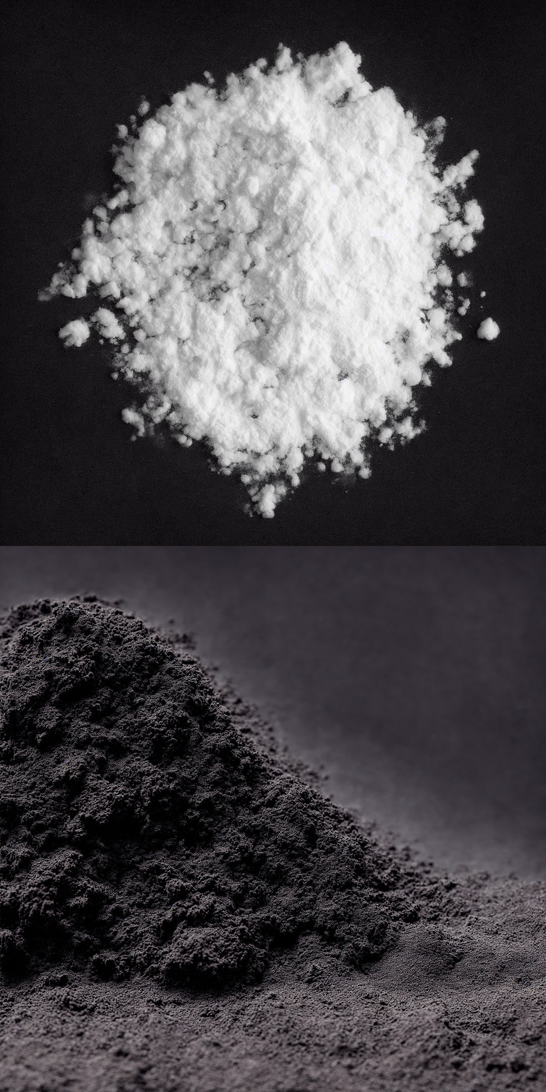 High-angle shot featuring a divided composition of white powder against a black background, contrasted with gray powder on a dark gray surface.