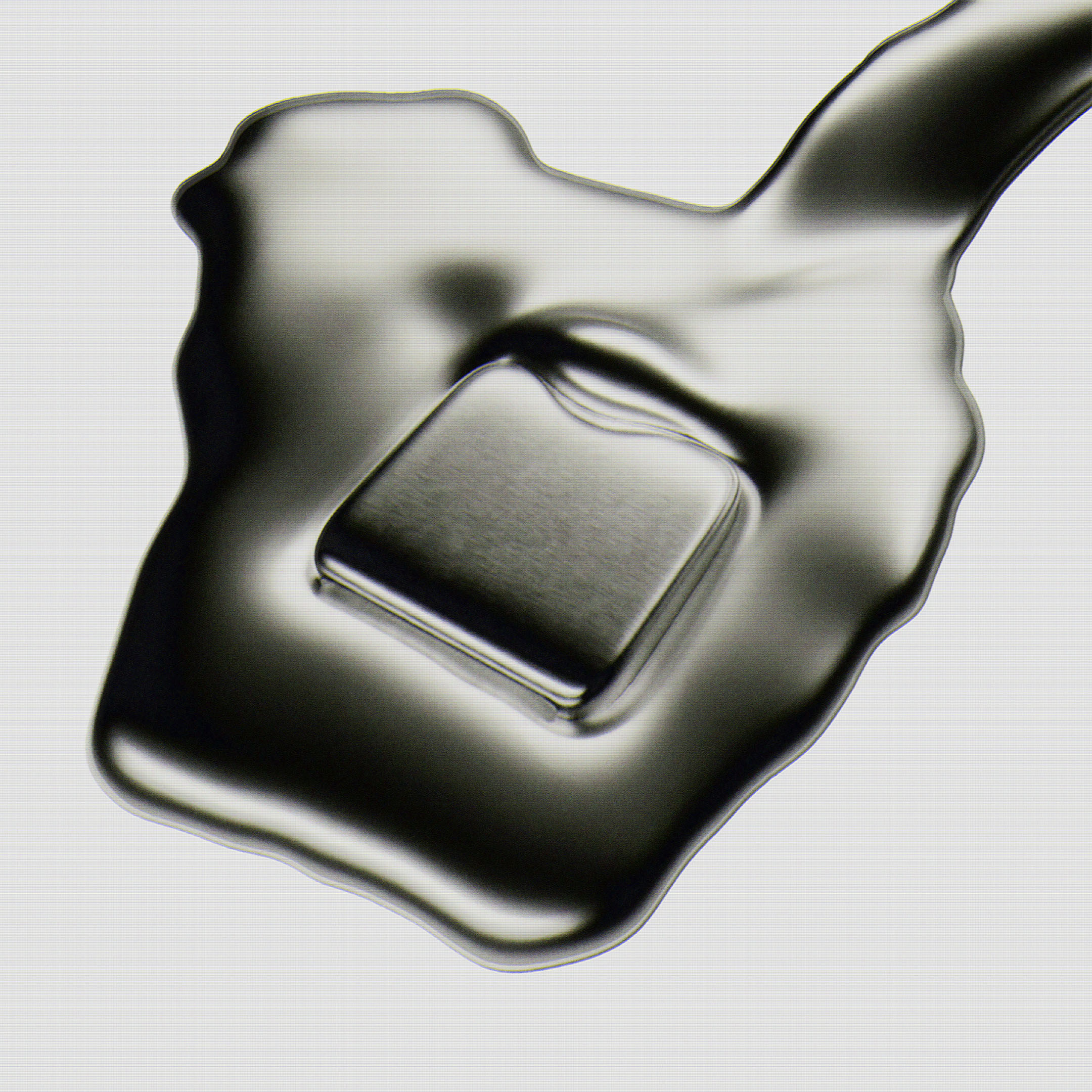 Abstract close-up of a square block submerged in liquid metal with reflective surfaces and sleek design, casting shadows on a silver background.