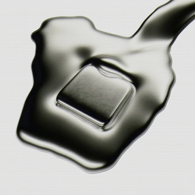 Abstract close-up of a square block submerged in liquid metal with reflective surfaces and sleek design, casting shadows on a silver background.