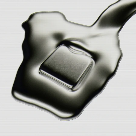 Abstract close-up of a square block submerged in liquid metal with reflective surfaces and sleek design, casting shadows on a silver background.