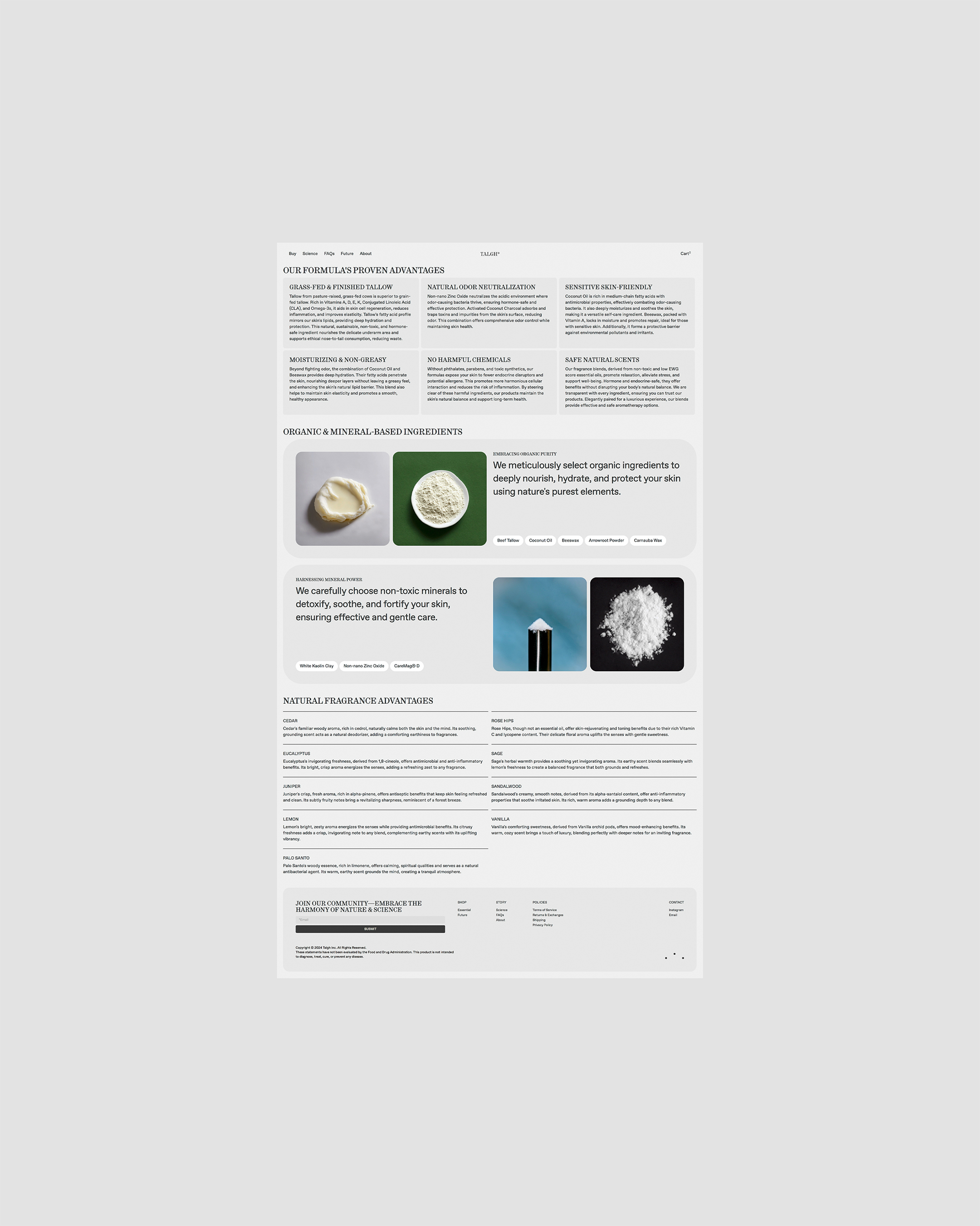 Website display showing skincare products and information about organic ingredients and natural fragrance components in a minimalist design.