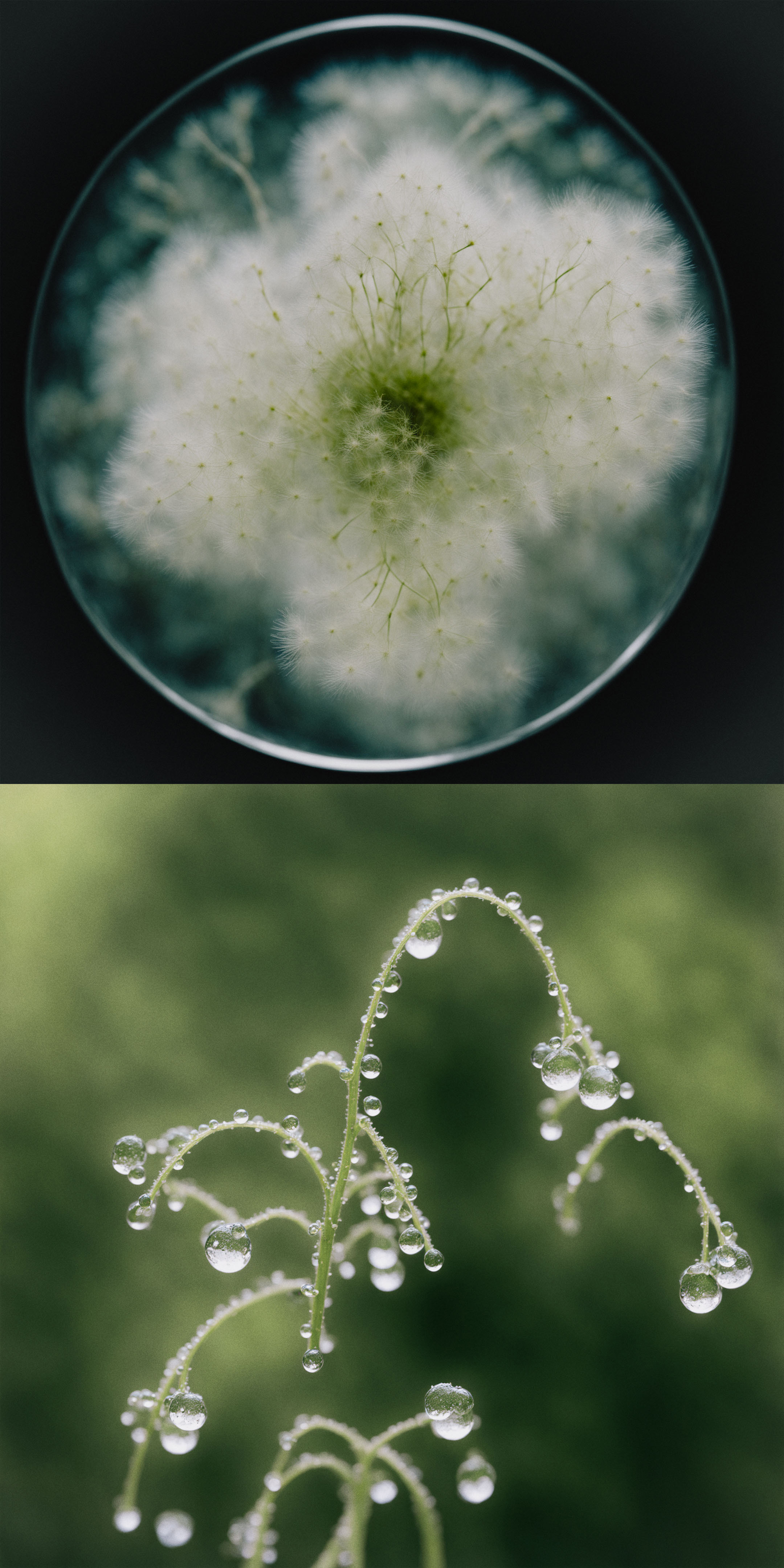 Macro image showcasing fungal growth in a petri dish alongside water droplets on delicate botanical stems in a blurred green field.