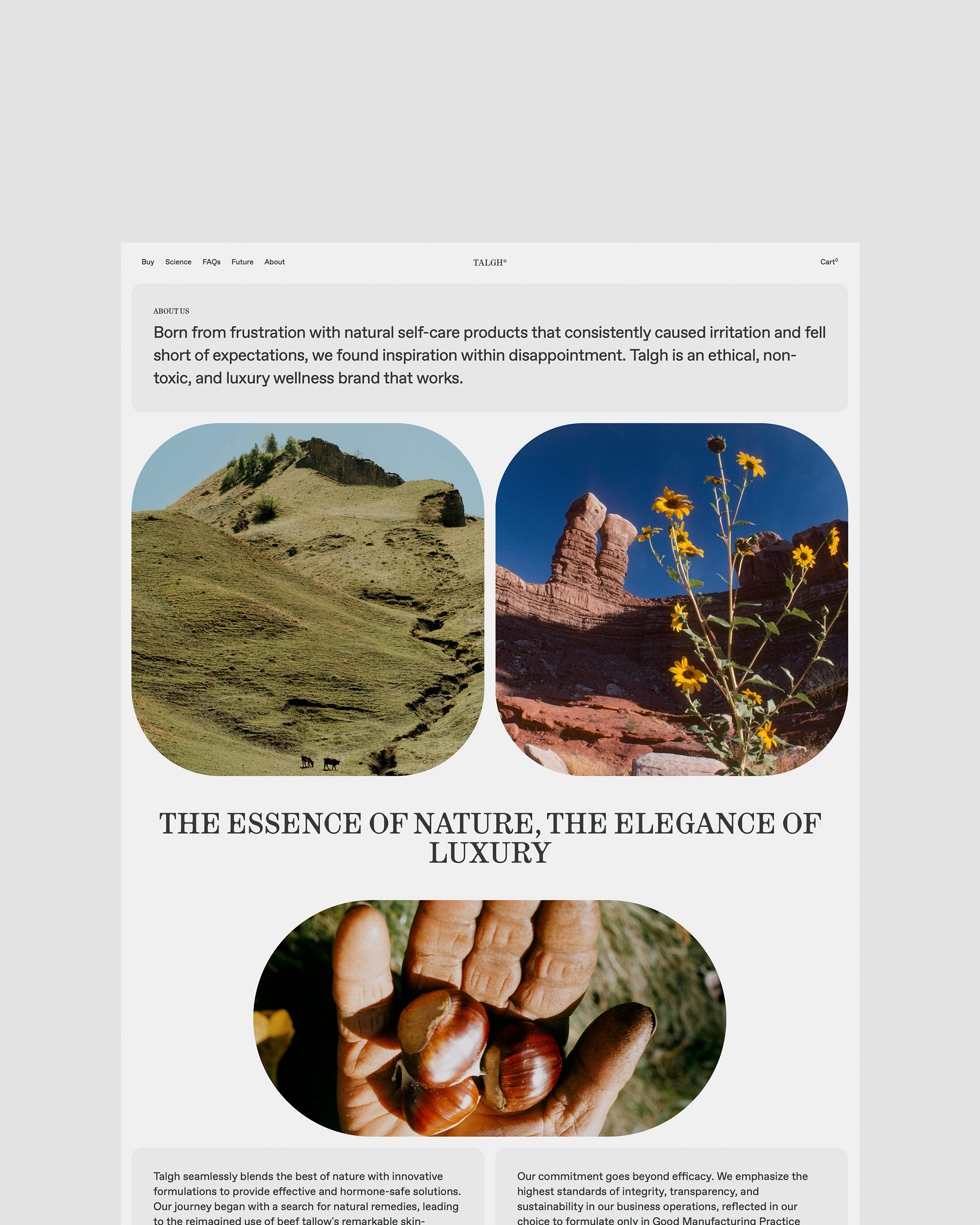 Website image featuring landscapes, flowers, and hands holding chestnuts, promoting Talgh's natural self-care and wellness brand.